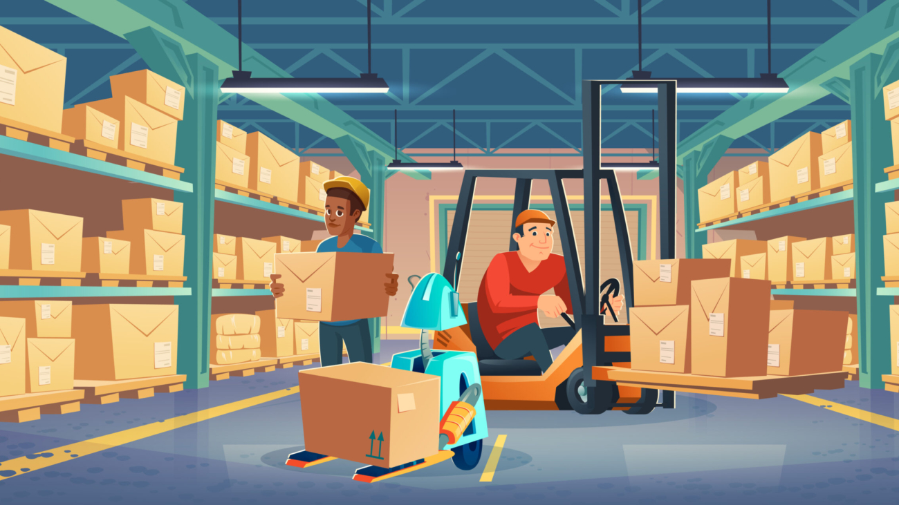 Warehouse with worker in forklift, man and robot holding cardboard boxes. Vector cartoon illustration of storage room interior with goods on metal racks, lift truck with driver and autonomous robot