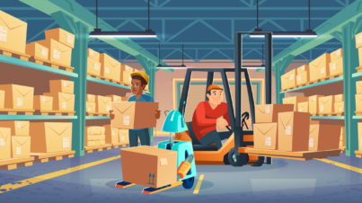 Warehouse with worker in forklift, man and robot holding cardboard boxes. Vector cartoon illustration of storage room interior with goods on metal racks, lift truck with driver and autonomous robot